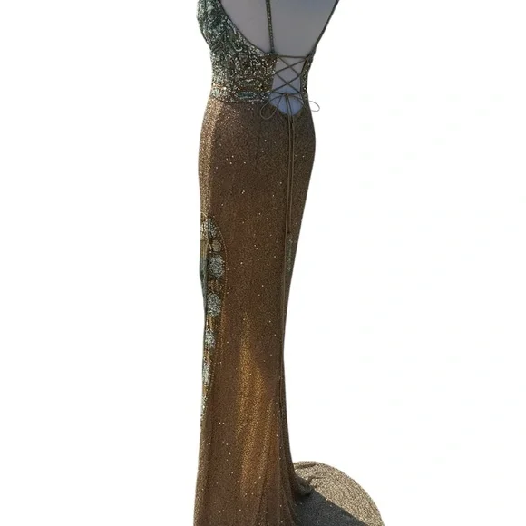 Rare hard to find Sherri Hill 54140 Gold Aqua Beaded Backless Prom Evening Gown